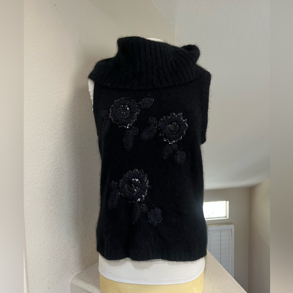 VNTG Cache Wool Angora Rabbit Sequins Turtle Neck Black Sweater Y2K Sleeveless L
